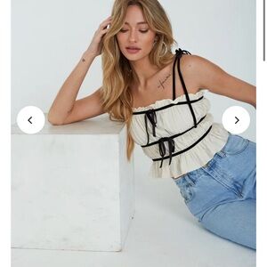 Chic Cream Bow Straps Coquette Ruched Ruffle Crop Top